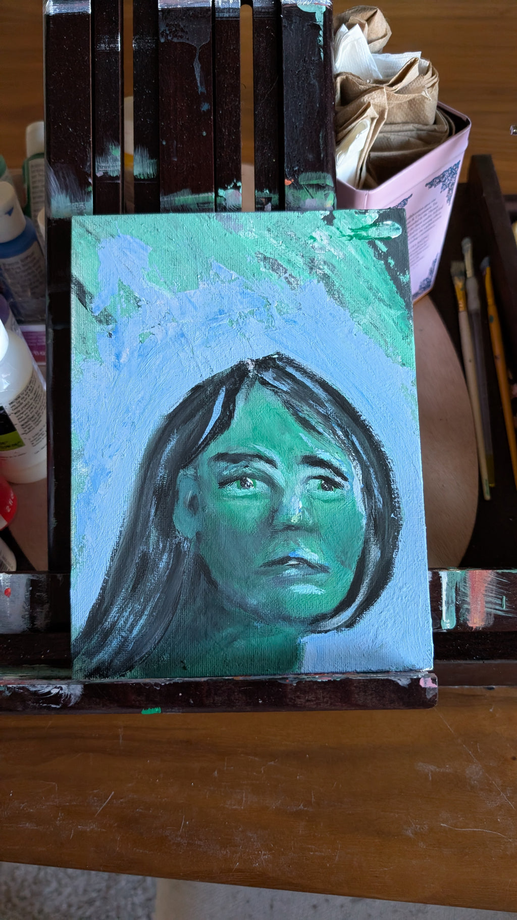 Green Portrait with Contemplative Gaze