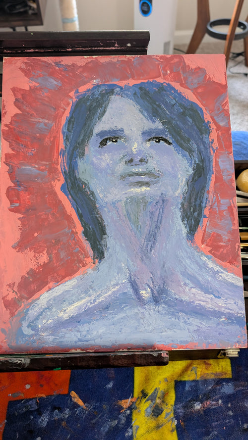 Painting of a person with a red background on an easel